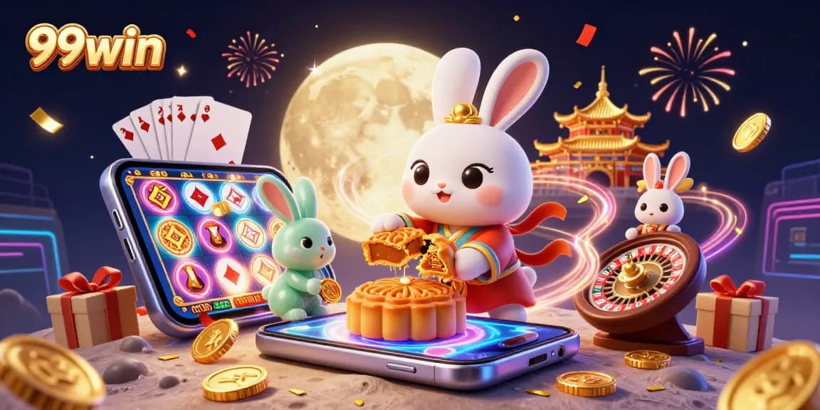 Experience the excitement of 99win with playful moon rabbits and casino elements in a vibrant, festive scene.