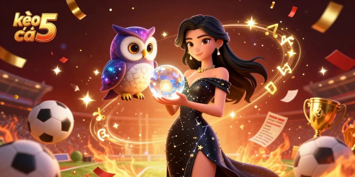Place bets online with kèo nhà cái 5 featuring a stunning woman and mystical owl in a sports setting.
