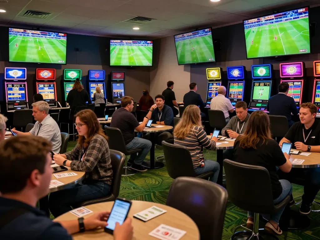 Engaged gamblers analyzing kèo nhà cái while placing sports bets in a lively betting lounge.