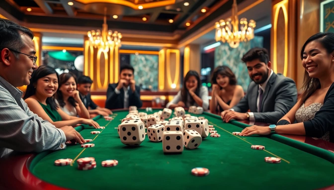 Tài xỉu MD5 game in a luxurious casino setting featuring excited players and vibrant chips.