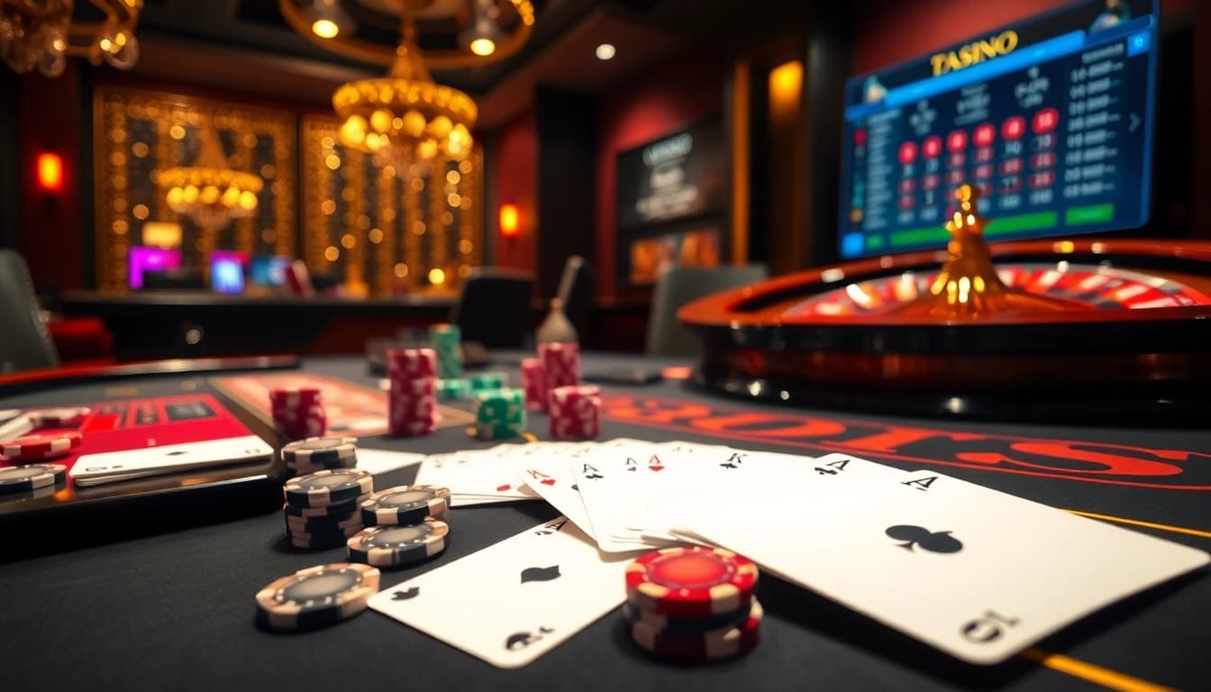 Experience thrilling bets at https://tt88.to/ with a vibrant casino scene featuring roulette wheels and poker chips.