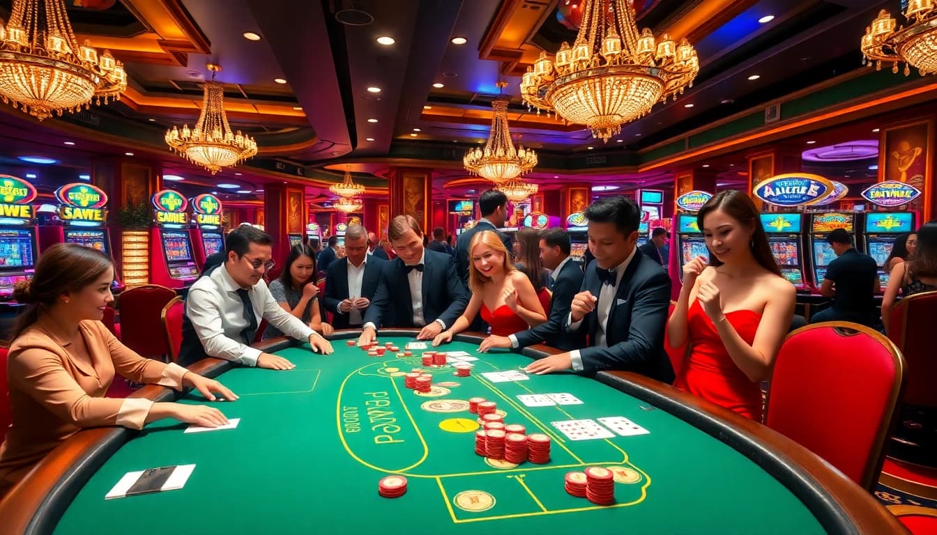 Players enjoying poker at AA88, surrounded by vibrant casino elements and excitement.
