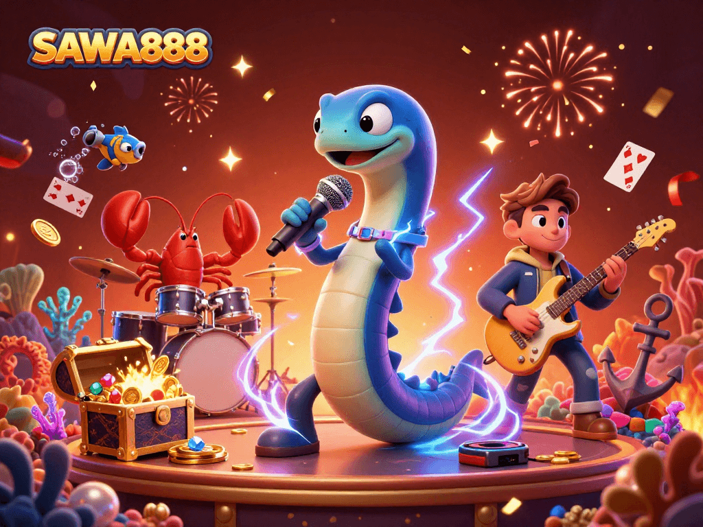 Experience exciting slots at SAWA888 with a vibrant underwater DJ performance and dynamic casino elements.