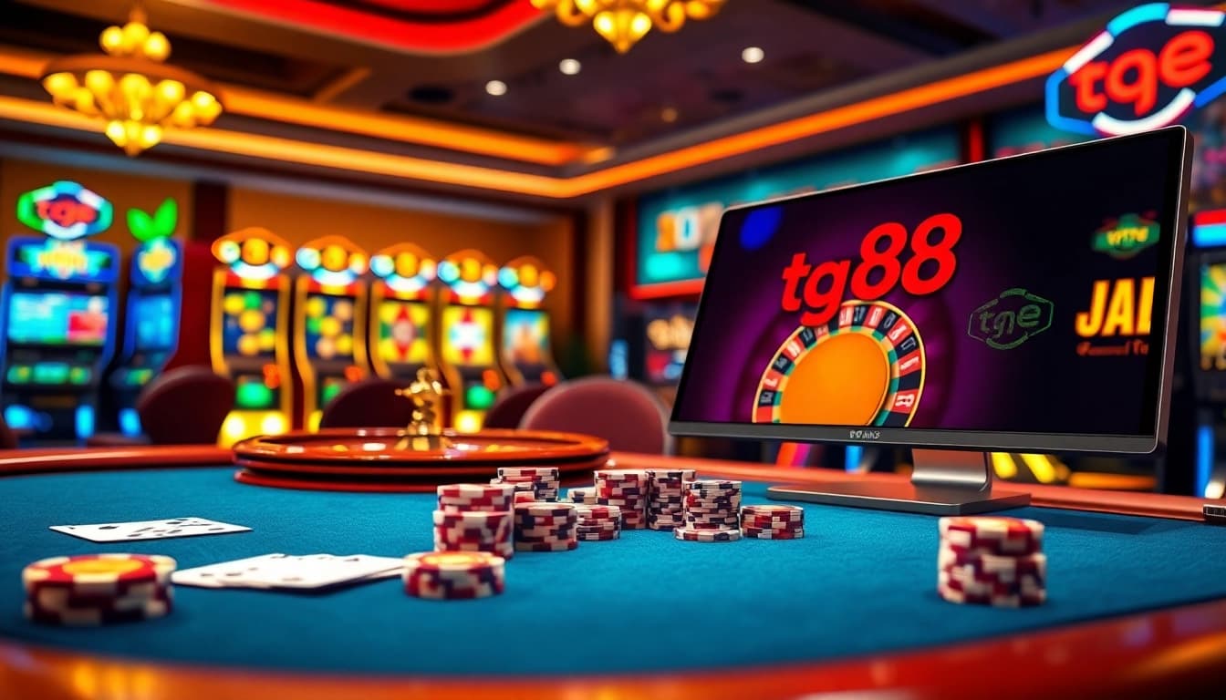 Gamblers enjoy exciting games at tg88, featuring poker chips and a vibrant roulette wheel.