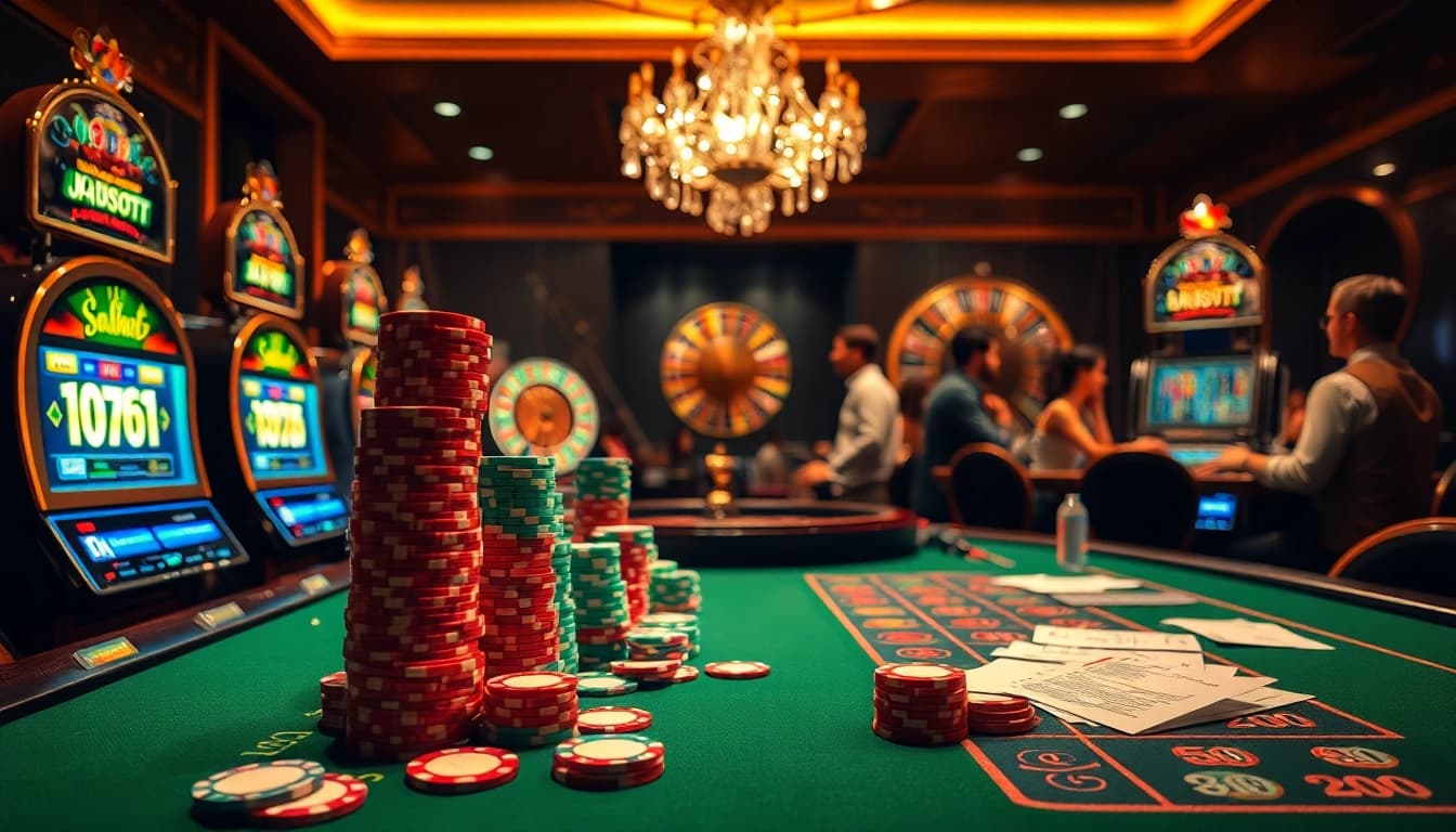 Engaging gamblers at a lively casino table with colorful poker chips, slot machines, and roulette reflecting http://aalo789.in.net/.