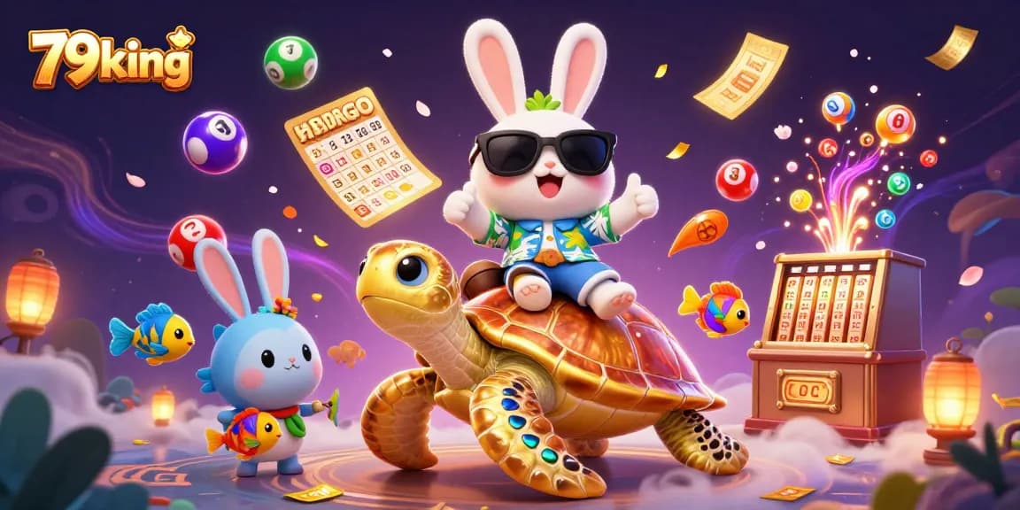 Join the fun at 79king with a delightful illustration of a lucky rabbit and golden turtle amidst lottery excitement.