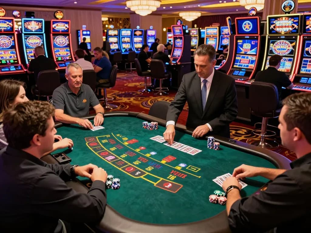 MM88 casino players strategizing at a live blackjack table, vibrant Vegas atmosphere