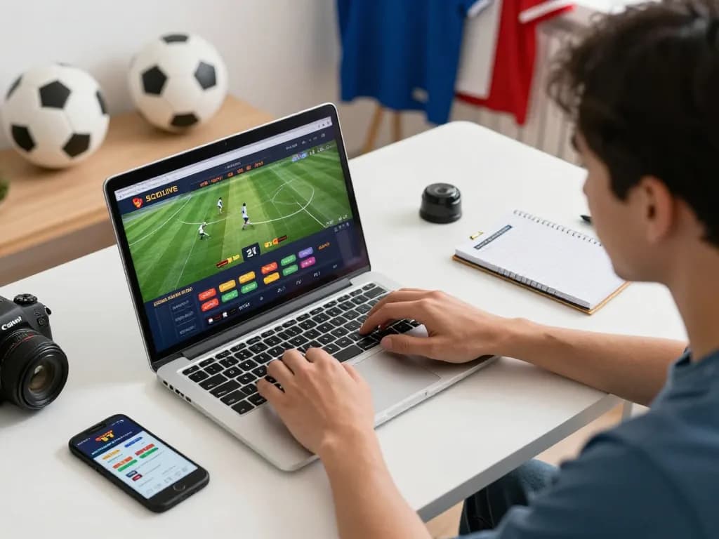Socolive user engaged in sports betting online with laptop and smartphone in a cozy home environment.