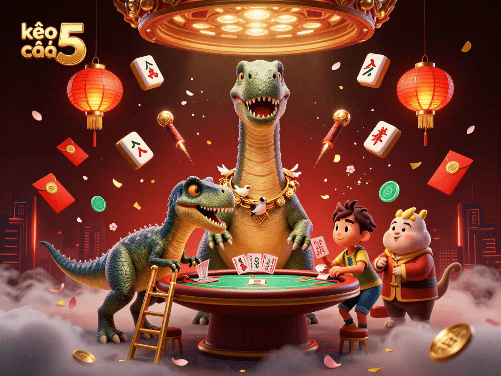Engaging scene featuring kèo nhà cái 5 logo with a brontosaurus and raptor in a vibrant casino setting.