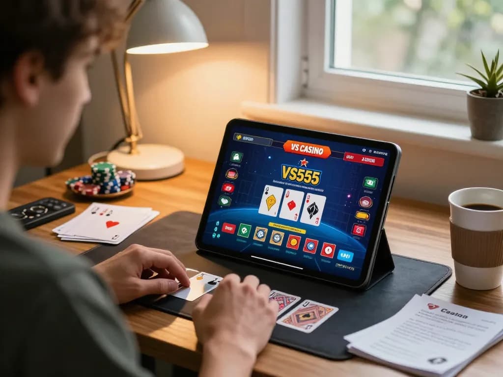 Engaged player enjoying VS555 Casino on tablet with live dealer gameplay interface.