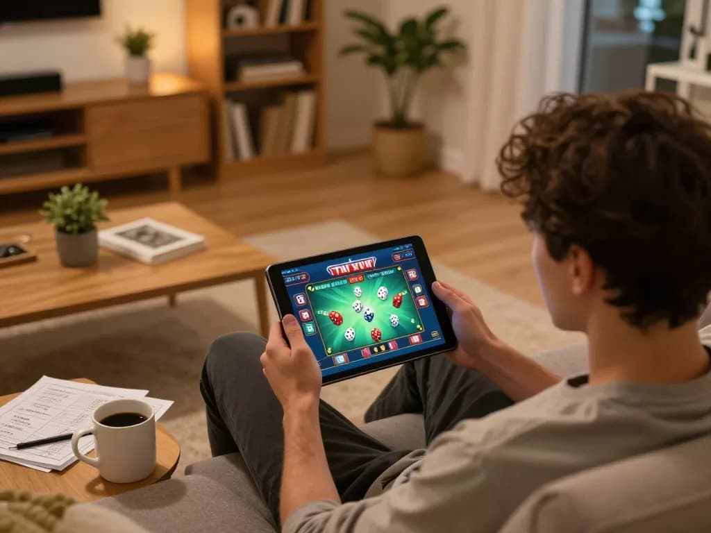 Player engaging with tai xiu online game on a tablet in a cozy home setting.