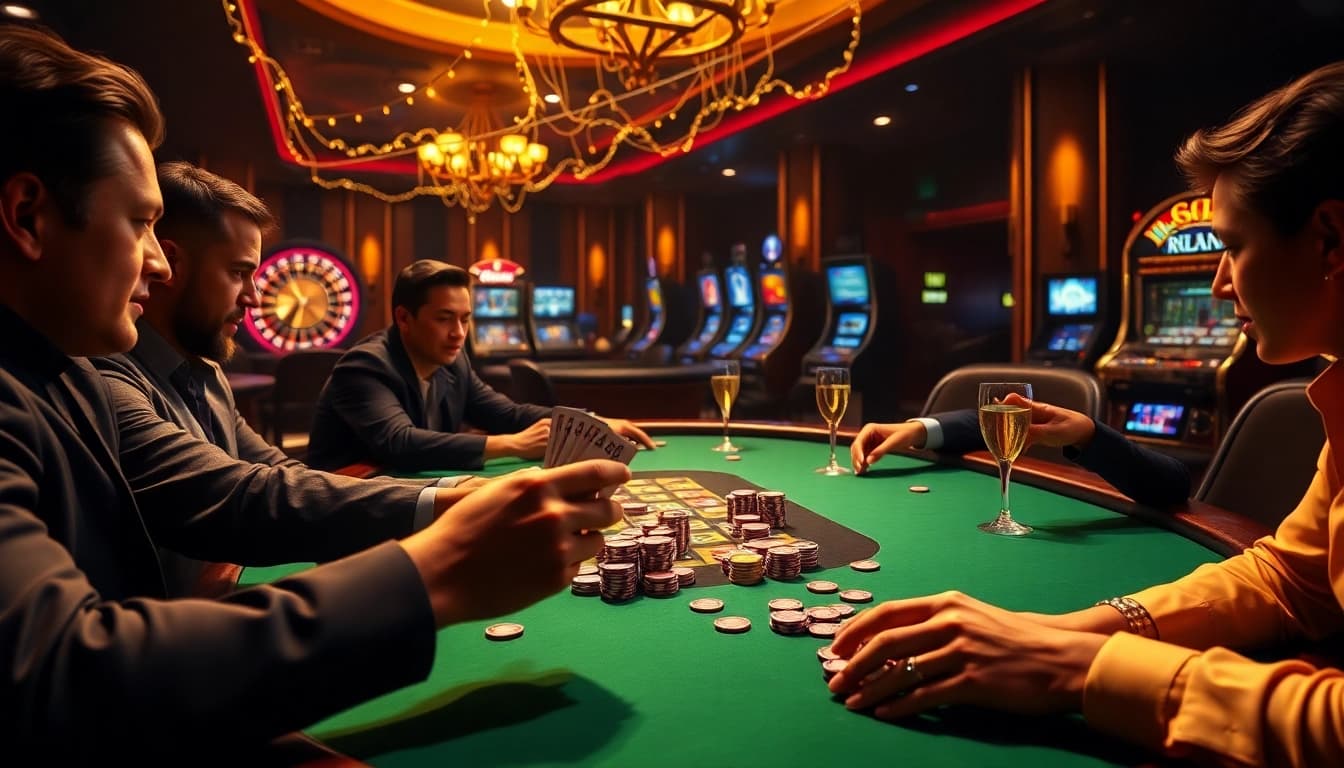 Players betting at a poker table in a stunning kkwin casino atmosphere, showcasing excitement and luxury.