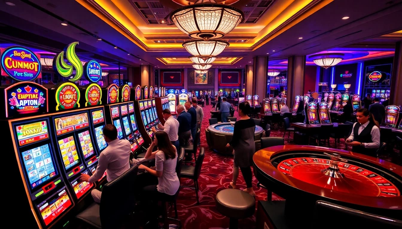 Players enjoying the vibrant slot machines at https://nohudoithuong.life/, showcasing thrilling moments in gambling.
