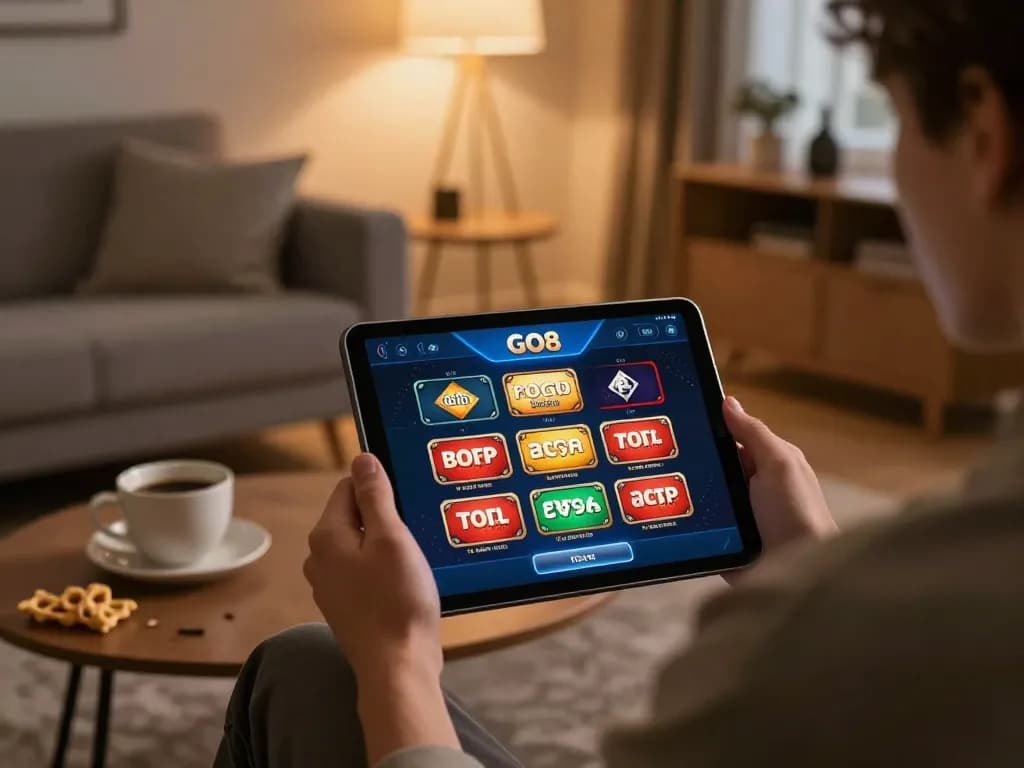 Engaged gamer using GO8 online casino app on tablet in a cozy living room.
