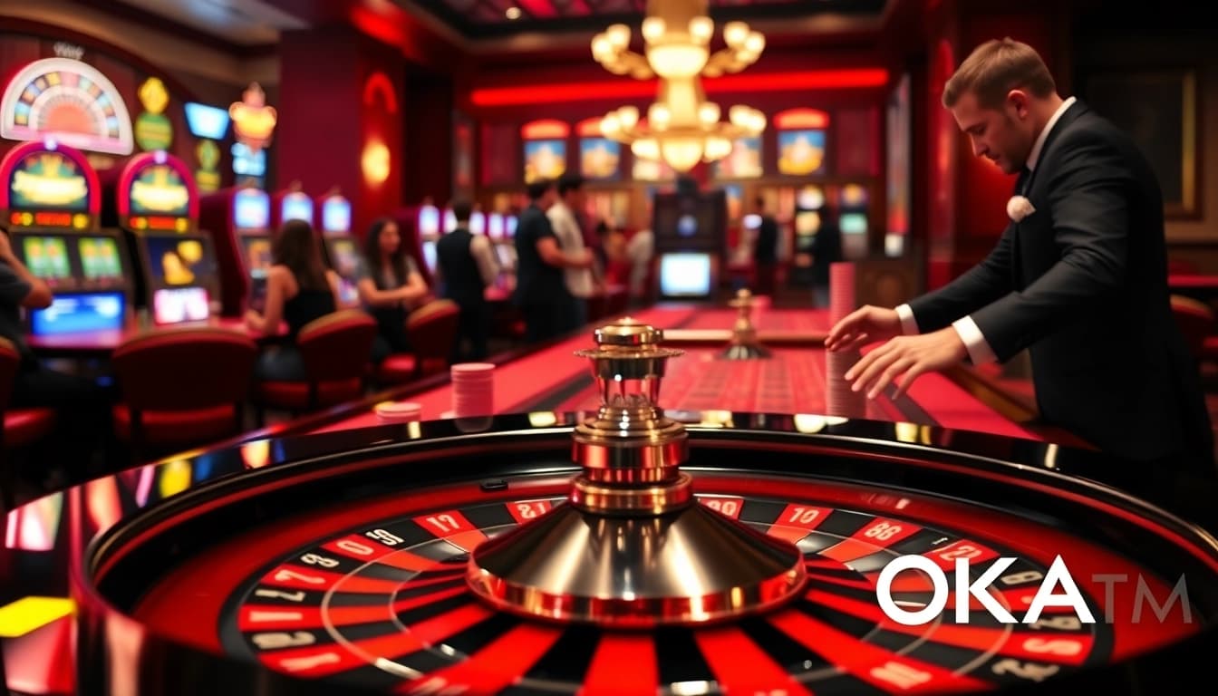 Experience the thrill at OKATM's online casino with roulette and vibrant chips.