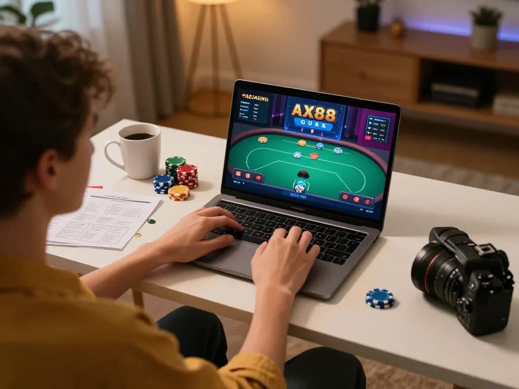 Person engaged in a strategic AX88 game online at a stylish home desk, showcasing a poker interface with chips.