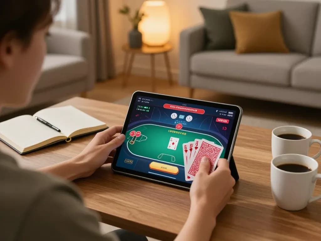 Top nhà cái uy tín highlighted as a player enjoys an online poker game in a cozy home setting.