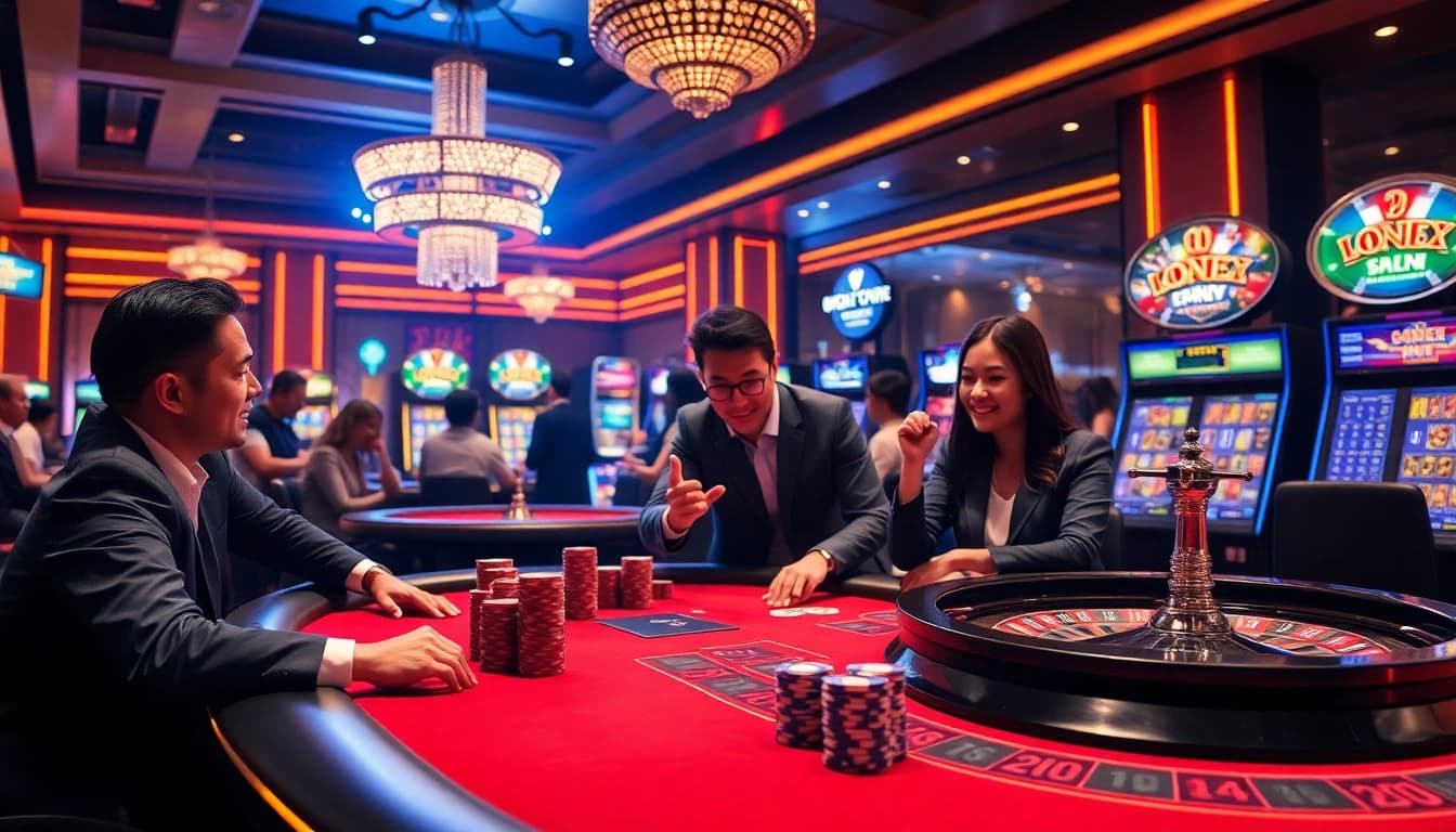 Players enjoying an exciting moment at Okfun's luxurious casino table with vibrant decor and thrilling atmosphere.