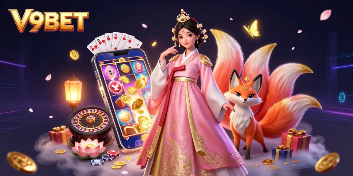 Engage with V9BET's thrilling gaming scene featuring a glamorous Asian woman, lucky fox, and vibrant casino elements.