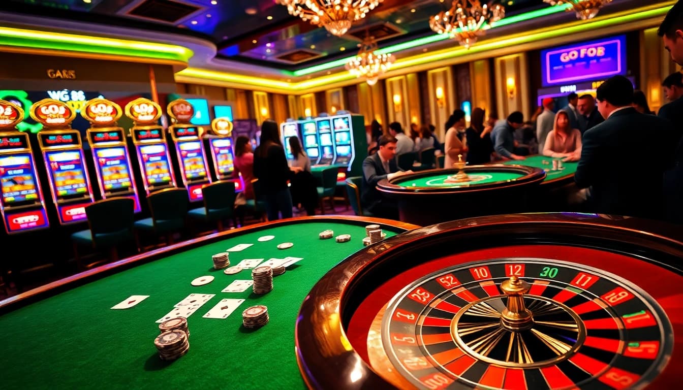 GO 88 casino thrill with poker table, slot machines, and an exciting gambling atmosphere.