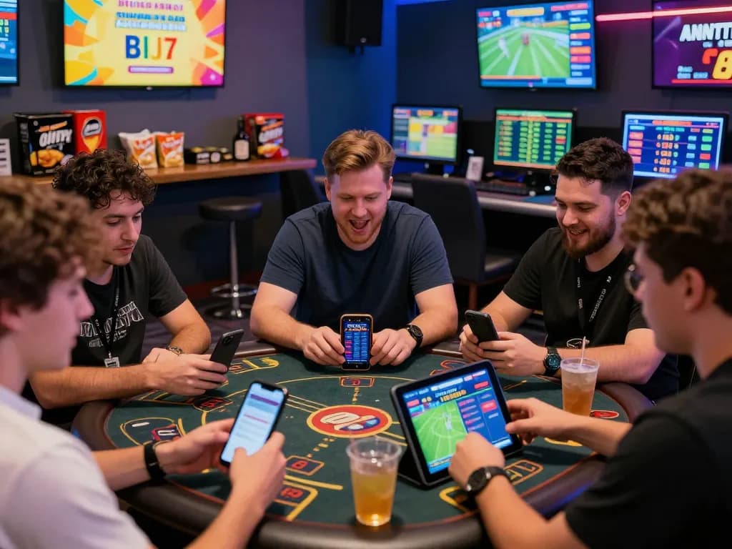 Players enjoying tg88 online betting in a lively gaming lounge, showcasing excitement around live sports and casino games.