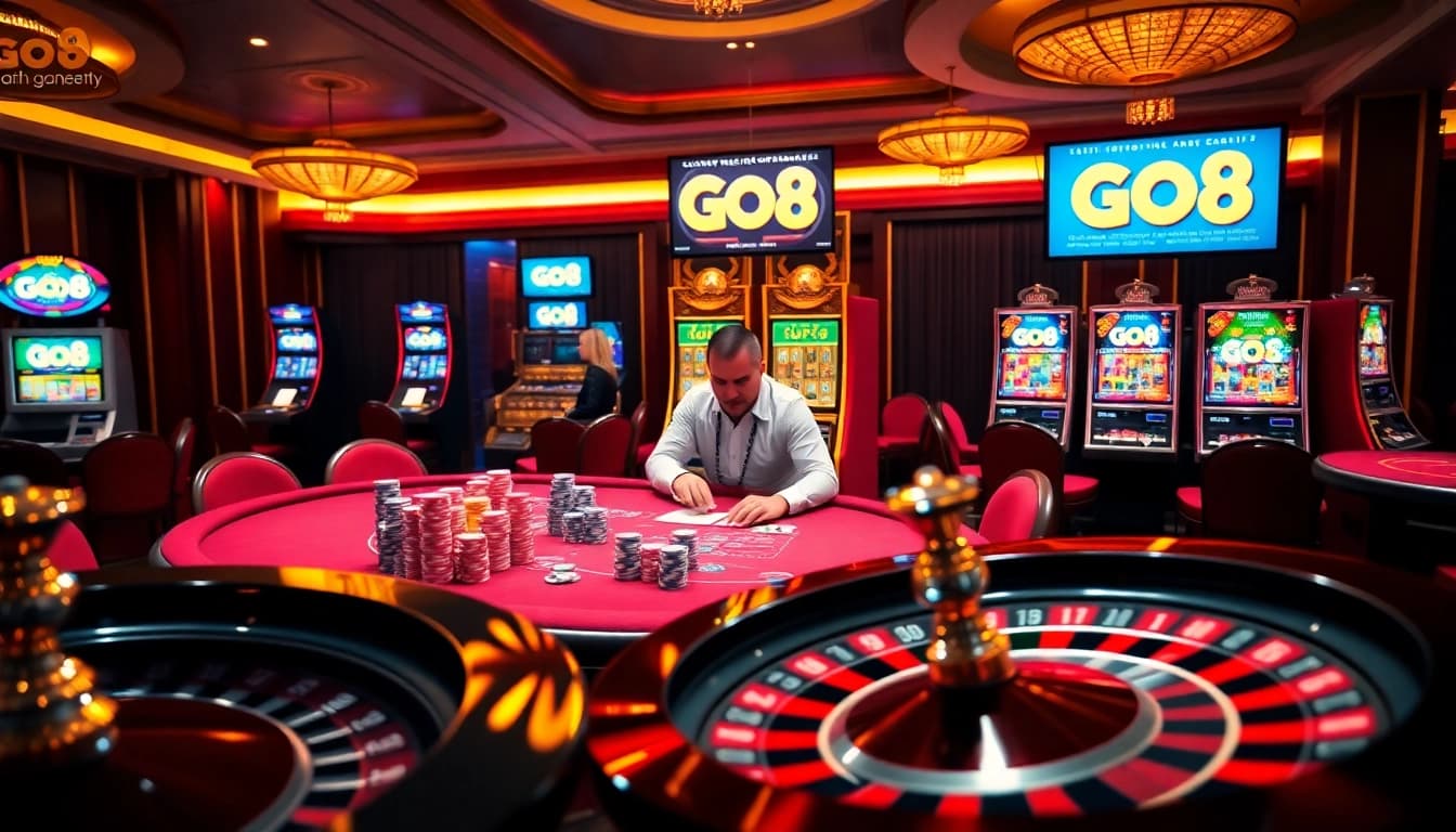 GO8 online gaming experience with vibrant casino gaming action, poker chips, and slot machines.
