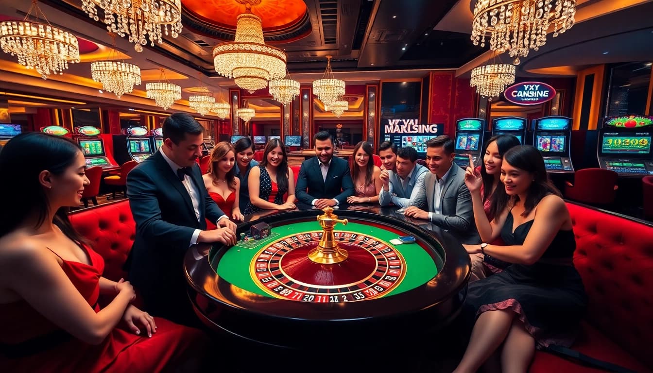 Players enjoying roulette at XX88 casino, showcasing excitement and luxury in gambling.