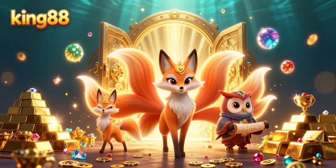 Experience thrilling gameplay at king88 with a vibrant digital illustration featuring a nine-tailed fox spirit and treasures.