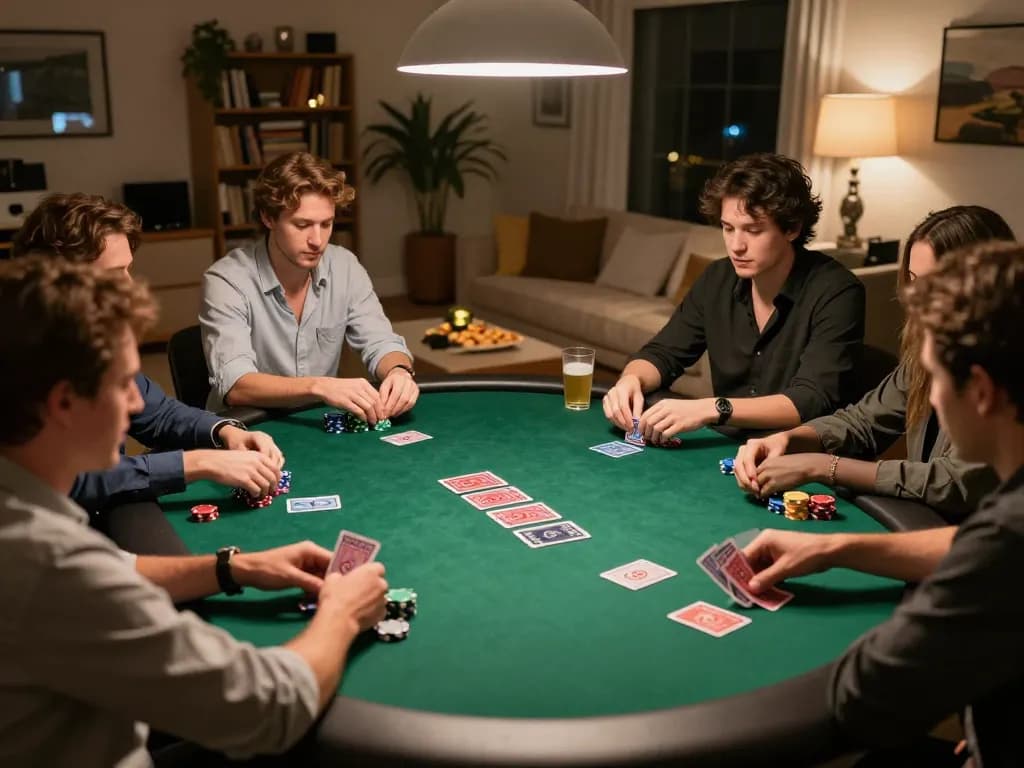 Experience keonhacai with friends in a competitive home poker game featuring strategic gameplay and warm ambiance.