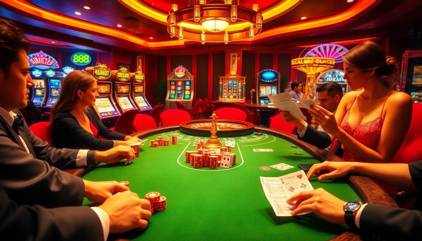 Experience the thrill of 888b with vibrant casino scenes, showcasing gaming excitement and elegance.