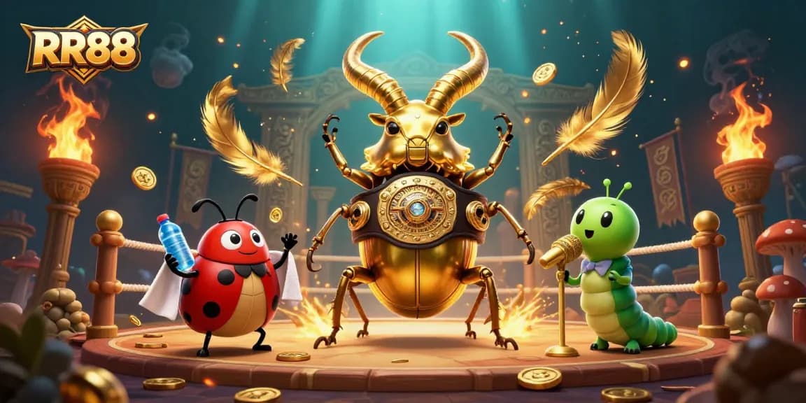 Engage in thrilling battles at RR88, featuring a champion stag beetle supported by a ladybug corner-man amidst vibrant casino elements.
