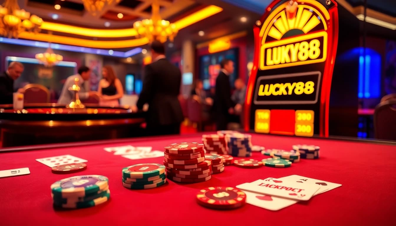 LUCKY88 players engaging in thrilling casino games at an elegant poker table with chips and cards.