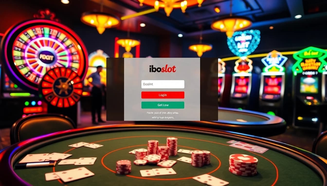 Iboslot login interface displayed among colorful casino elements, highlighting online gaming excitement.