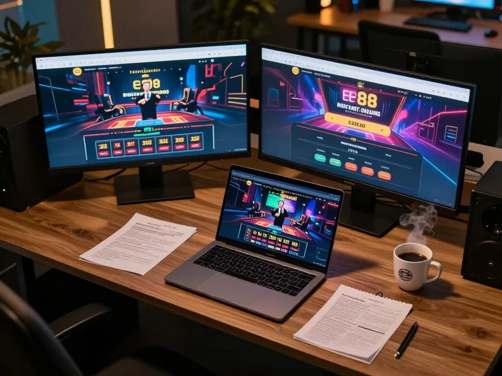 ee88 online gaming setup showcasing a dynamic player engaging with casino games and strategic notes