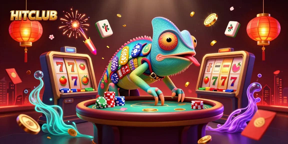 HITCLUB engages players with colorful slot reels and a dynamic chameleon casino owner.
