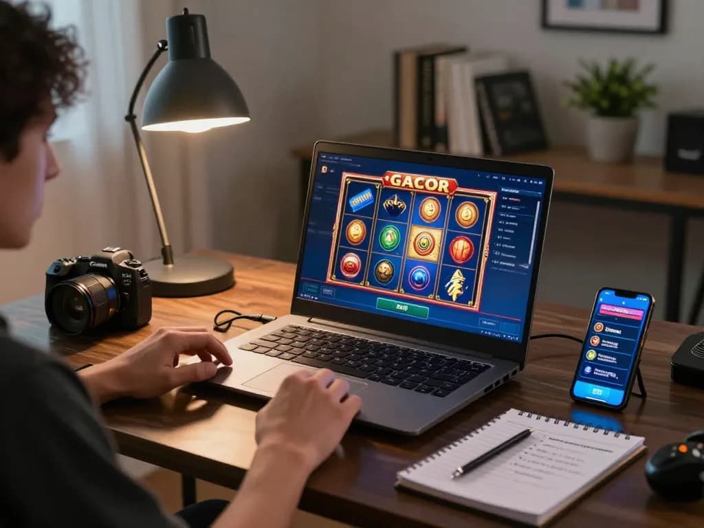 Player immersed in a thrilling slot gacor gaming session on a laptop, showcasing a strategic home setup.