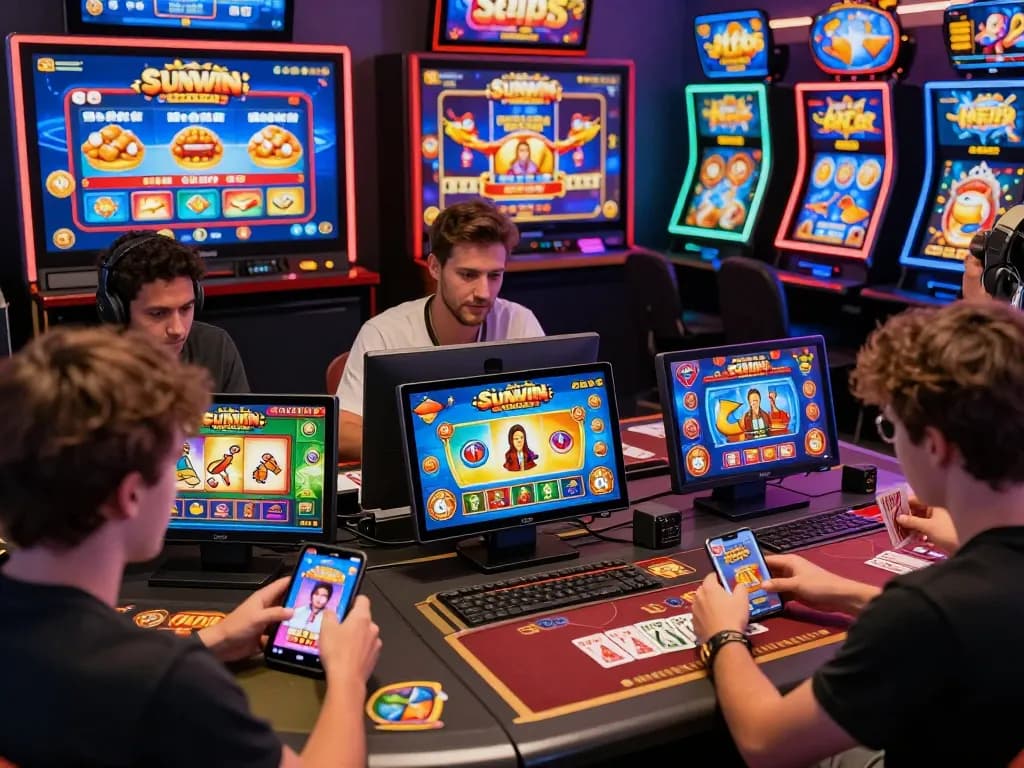 Users engaging with the Sunwin online gambling platform, exploring various games and promotions in a vibrant digital environment.