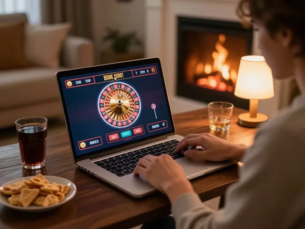 Engaging in online casino gaming at home with go8 on laptop, showing roulette wheel and cozy atmosphere