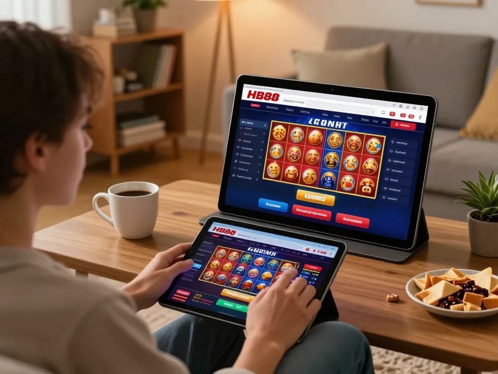 Player enjoying online gambling at HB88 with tablet, showcasing relaxed home environment