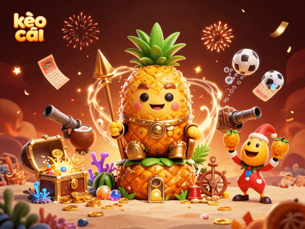Bet on the kèo nhà cái strategy with an engaging scene of a fun beach casino featuring a pineapple king.