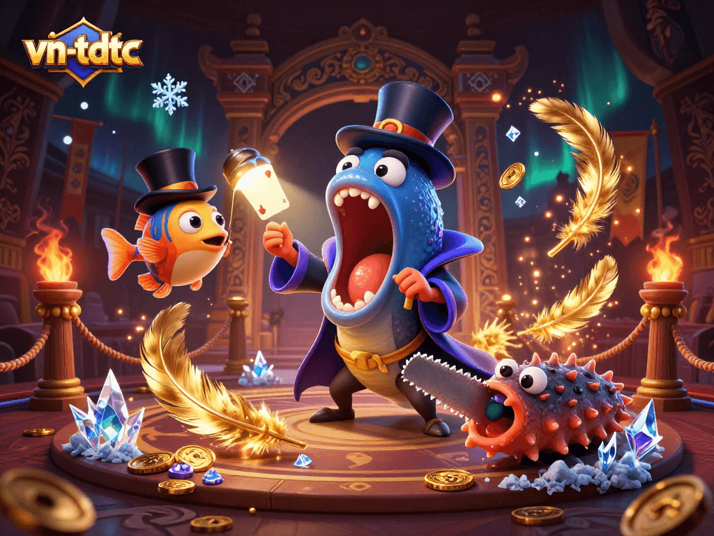 Engaging scene illustrating vn-tdtc with an eel magician performing card tricks, spotlighted by an anglerfish and a sawing sea cucumber.