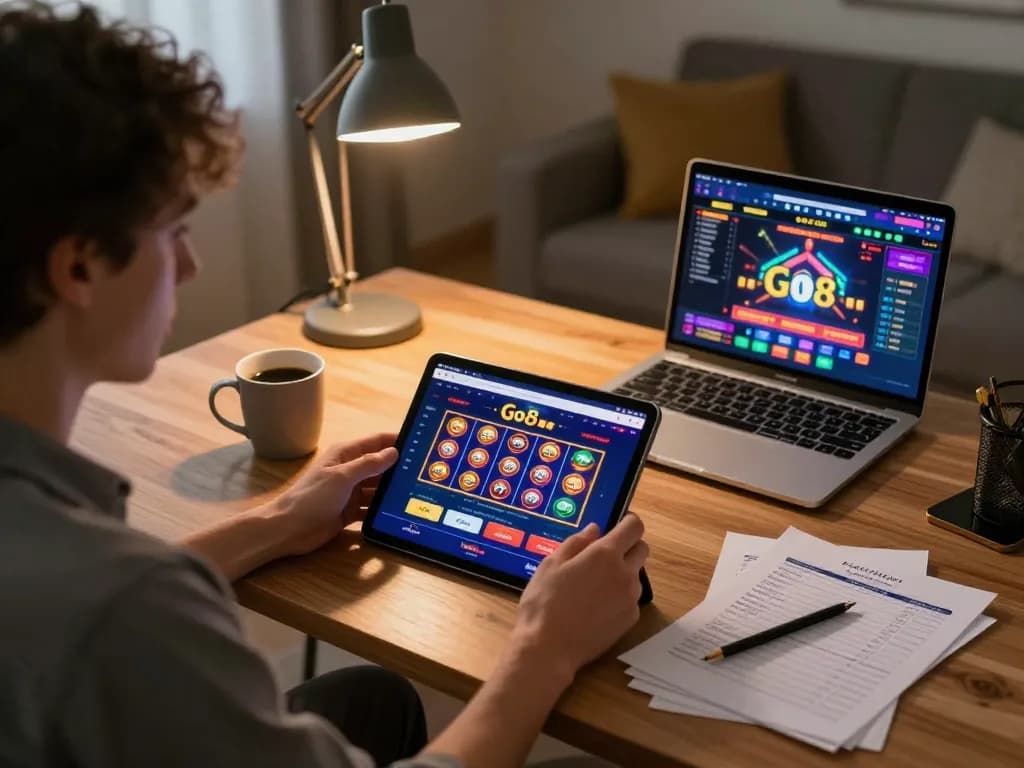 Engaging scene of a player using the Go8 casino app for strategic online gaming at home.