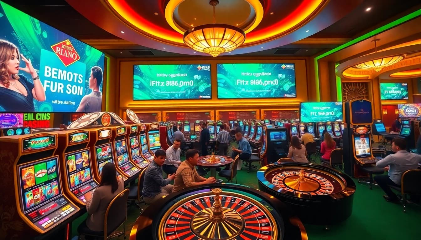 Engaging casino scene depicting players enjoying games at https://rr88c.pro/ with vibrant slot machines and poker chips.