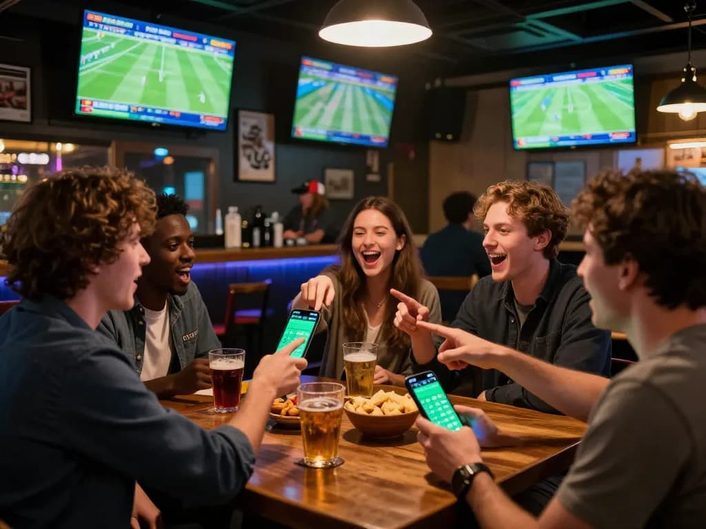 Cá Độ Bóng Đá betting excitement with friends at a lively sports bar during live games