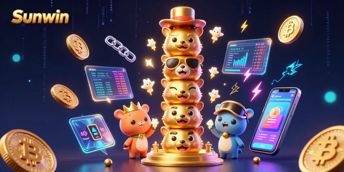 Sunwin offers thrilling casino experiences featuring vibrant 3D characters surrounded by crypto elements.