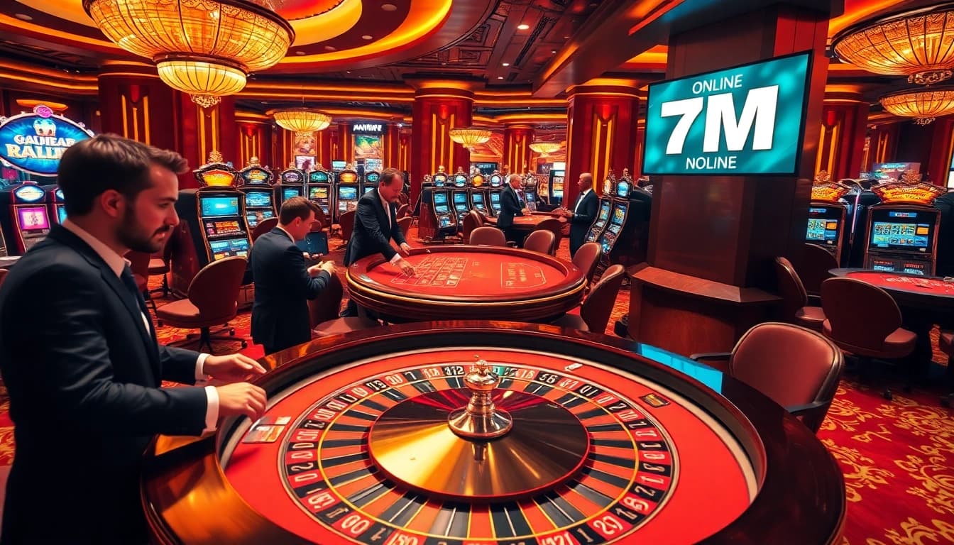 Experience the vibrant energy of 7M as players place bets in a luxurious casino atmosphere.