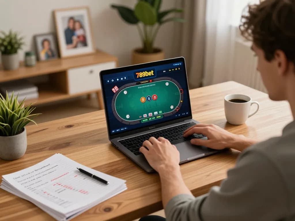 Player enjoying a poker game on 789bet from home with strategic notes and warm atmosphere