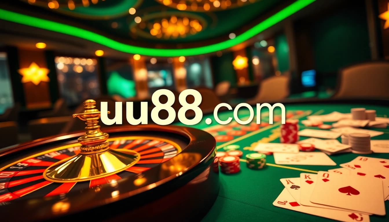 Engage in thrilling gameplay on uu88.com with vibrant poker chips, cards, and a roulette wheel.