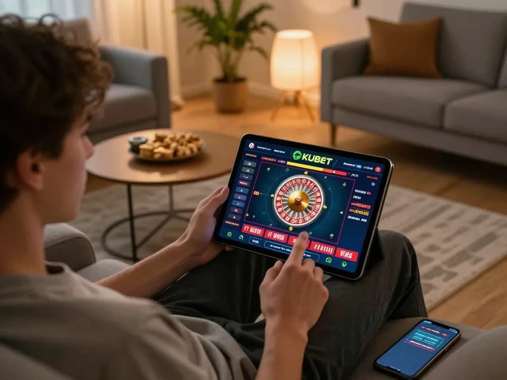 KUBET online gaming experience on a tablet in a cozy living room, highlighting strategic gameplay and casual atmosphere.