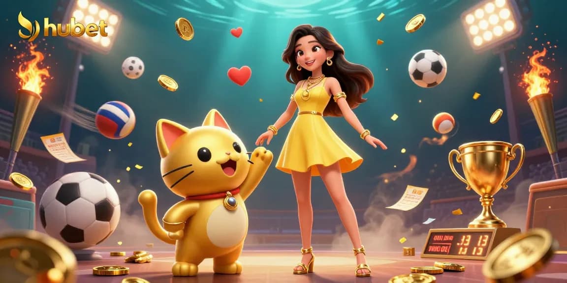 Engage with hubet's thrilling gaming experience as a cheerful woman interacts with a golden lucky cat.